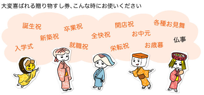 大変喜ばれる贈り物すし券、こんな時にお使い下さい　誕生祝・入学式・新築祝・就職祝・卒業祝・栄転祝・全快祝・開店祝・お歳暮・お中元・各種お見舞・仏事